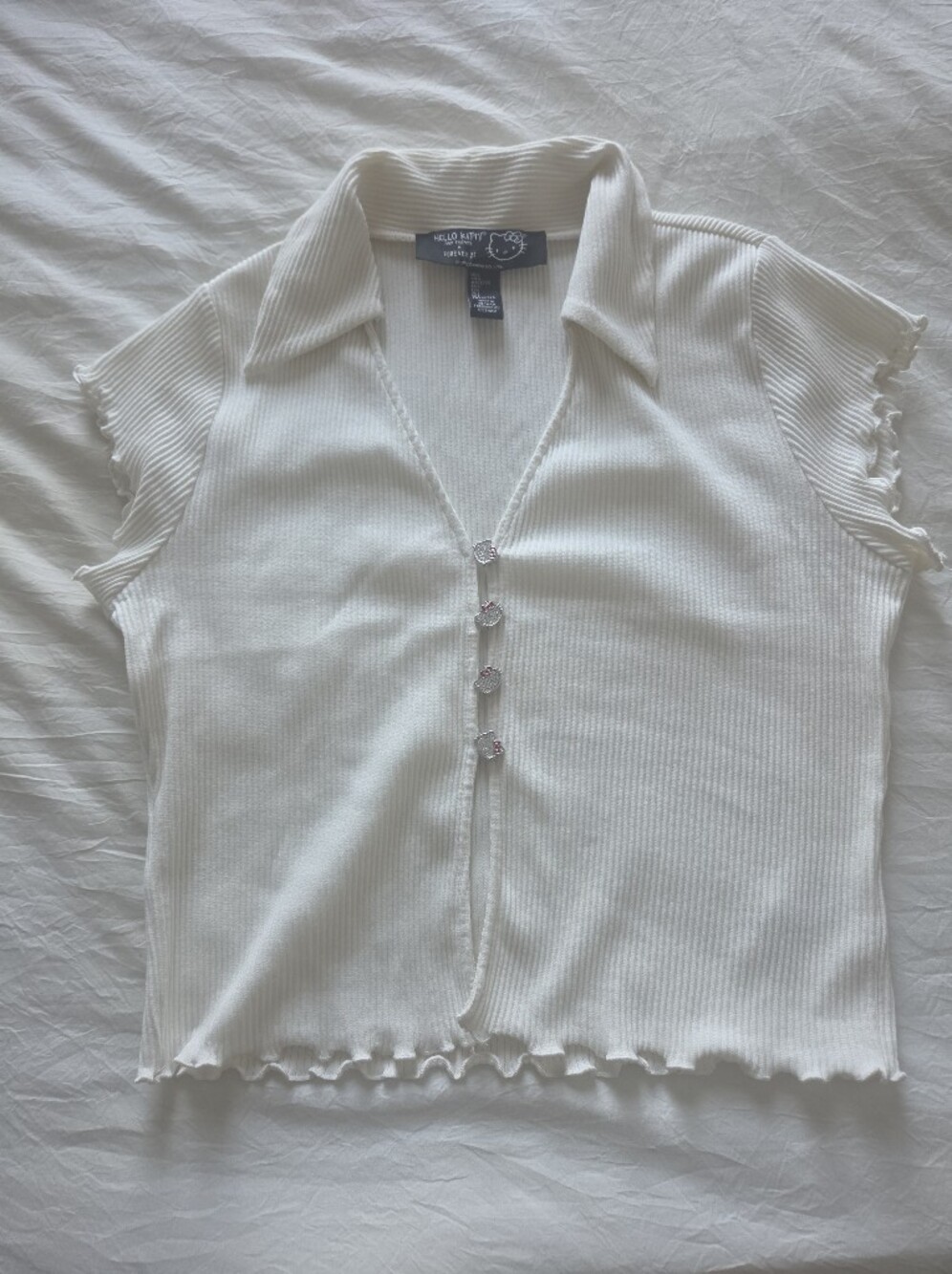 Forever 21 White Ribbed Collared Button-Front Crop Top